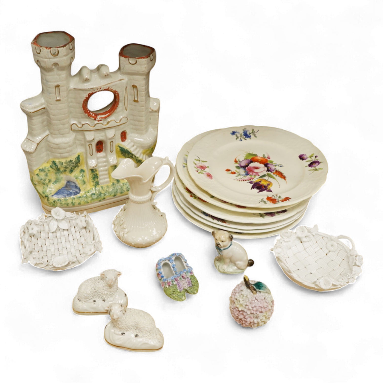 A set of six early 19th century English porcelain plates, impressed anchor mark, Belleek ewer, and other items (15)